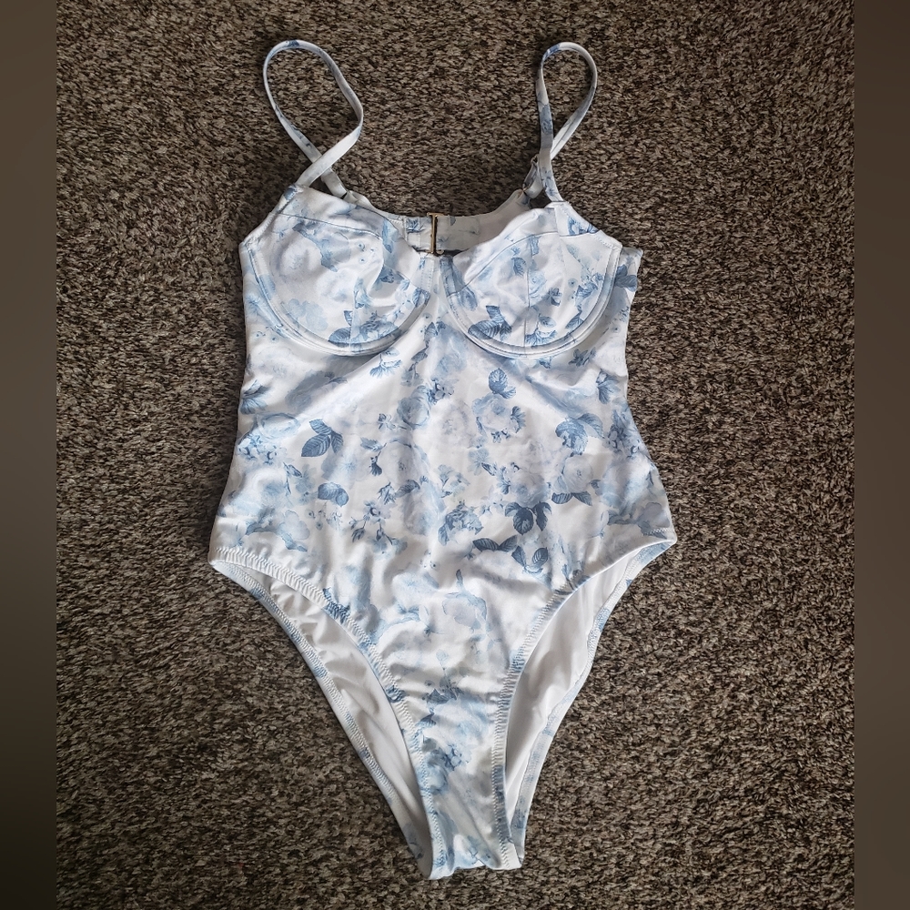 Gently Used Victoria's Secret One Piece Swim Suit Large Blue and White Floral